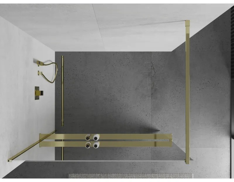Mexen Kioto+, sprchová zástena s poličkou a držiakom na uteráky 110 x 200 cm, 8mm sklo vzor zrkadlo, zlatý profil, 800-110-121-50-50