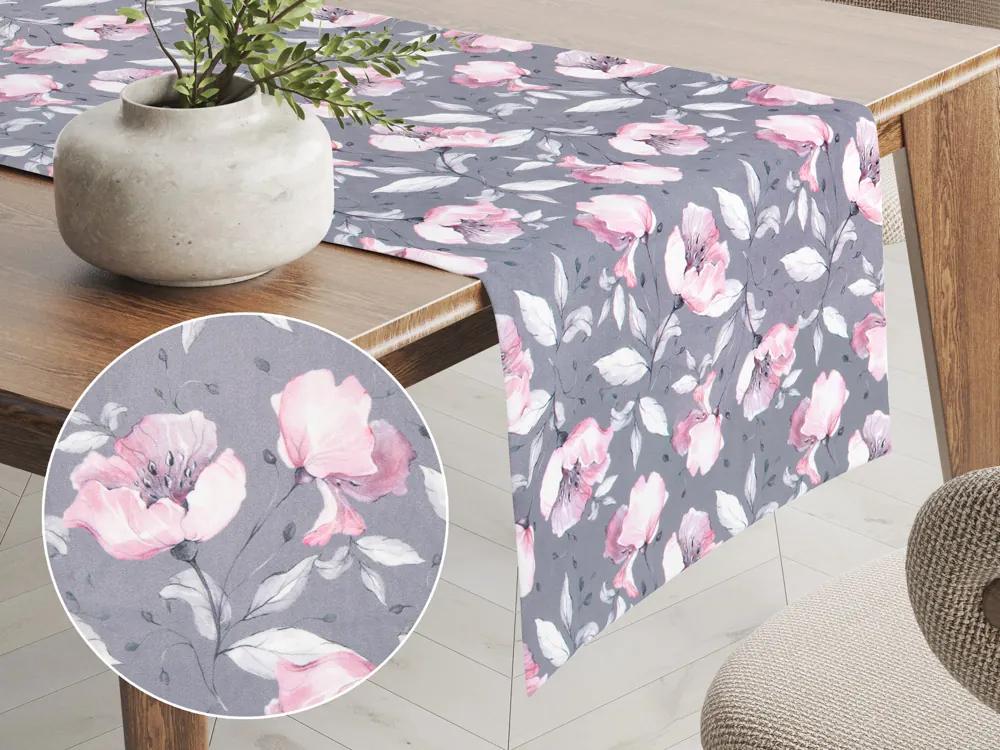 Biante Zamatový behúň na stôl Tamara TMR-013 Ružové kvety na sivom 35x160 cm