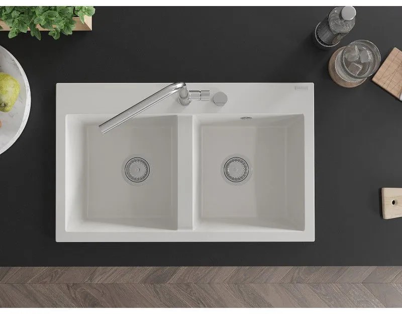 Mexen Hektor, 2-komorový granitový drez 800x480x205 mm, biela, chrómový sifón, 6521802000-20