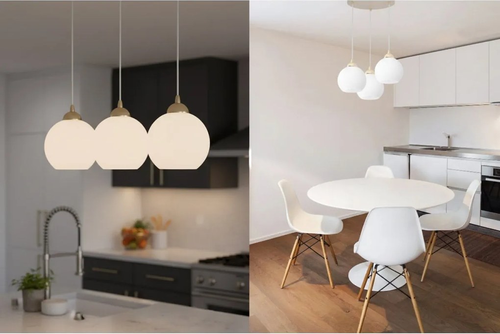 Závesné svietidlo Eliza, 3x biele sklenené tienidlo, g/be, o