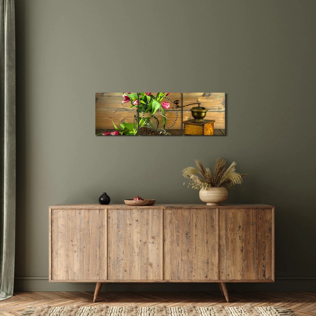 Obraz - tulipány, mlynček a káva (s hodinami) (90x30 cm)