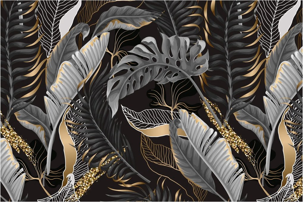 Obraz - Tropické listy v čierno-zlatej (90x60 cm)