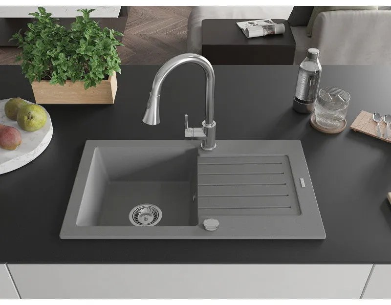 Mexen Pablo, 1-komorový granitový drez 752x436x161 mm a drezová batéria Elia, šedá, 6510-71-670101-00