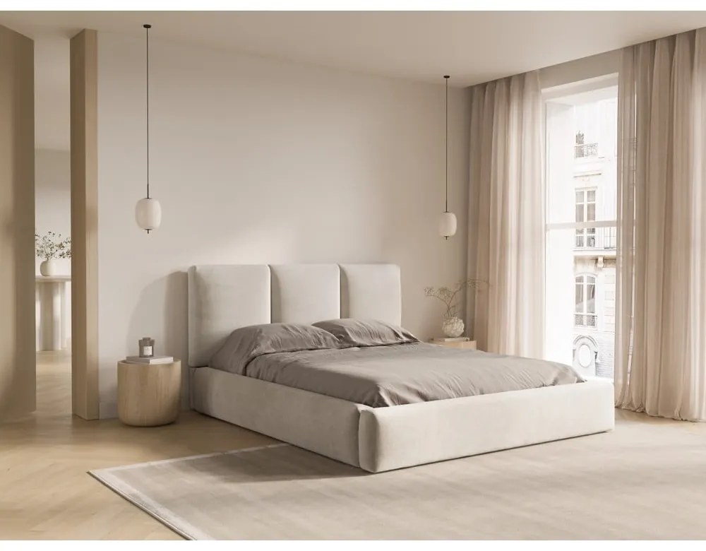 Krémová zamatová čalúnená dvojlôžková posteľ s úložným priestorom s roštom 160x200 cm Brody – Mazzini Beds