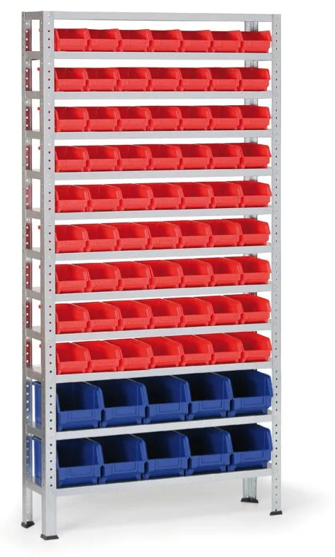 Regál s plastovými boxmi BASIC, 1730 x 850 x 300 mm, 63x box A, 10x box B