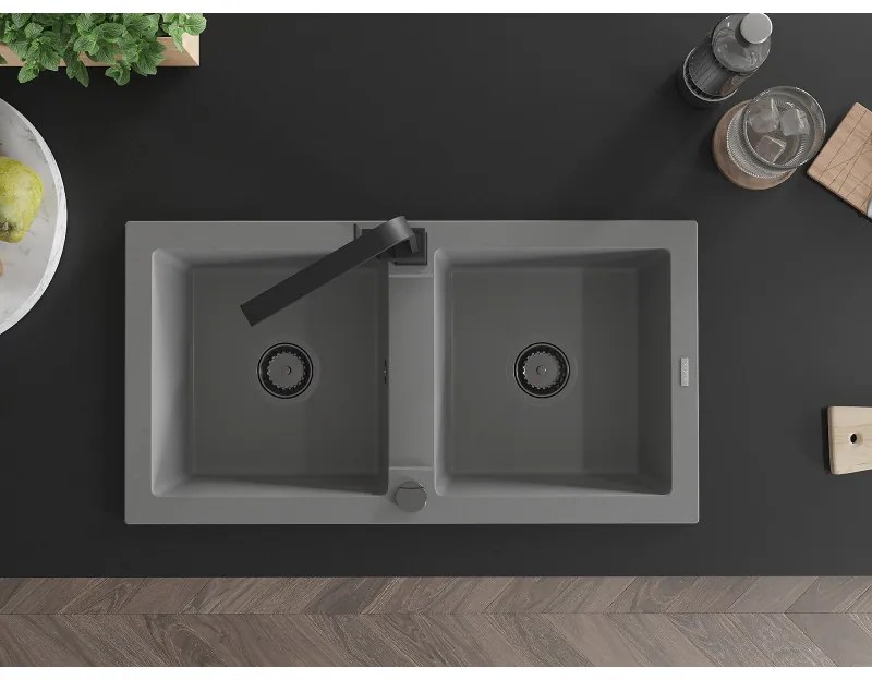 Mexen Mario, granitový drez 820x436x161 mm, 2-komorový, šedá s čiernym sifónom a čierna drezová batéria Rita, 6504-71-670300-70-B