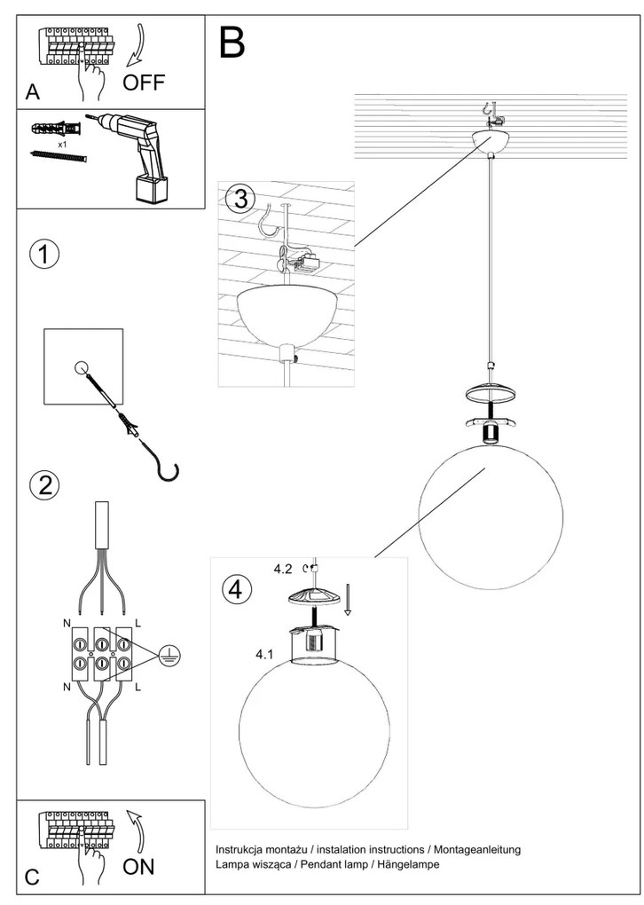 Závesné svietidlo Ugo, 1x biele sklenené tienidlo, (fi 20 cm), g