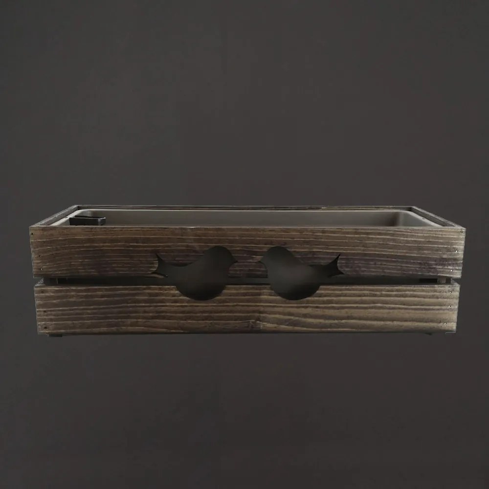 AMADEA Drevený obal na kvetináč tmavý s vtáčikmi, 62x21,5x17cm, český výrobok
