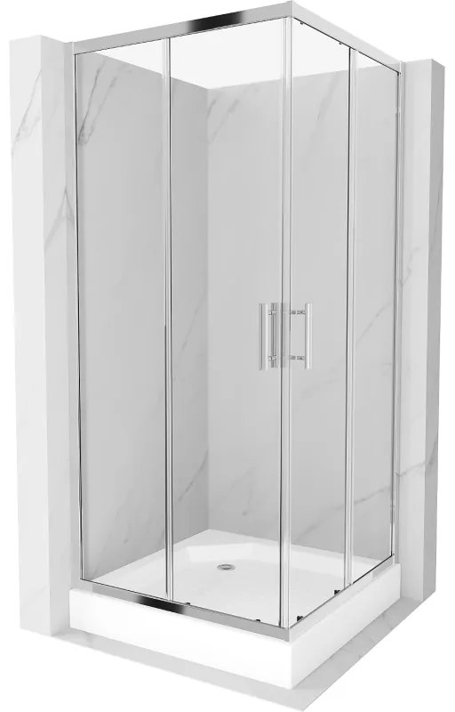 Mexen Rio, štvorcový sprchovací kút s posuvnými dverami 90 x 90 cm, 6mm číre sklo, chrómový profil + biela vysoká sprchová vanička Rio, 860-090-090-01-00-4510
