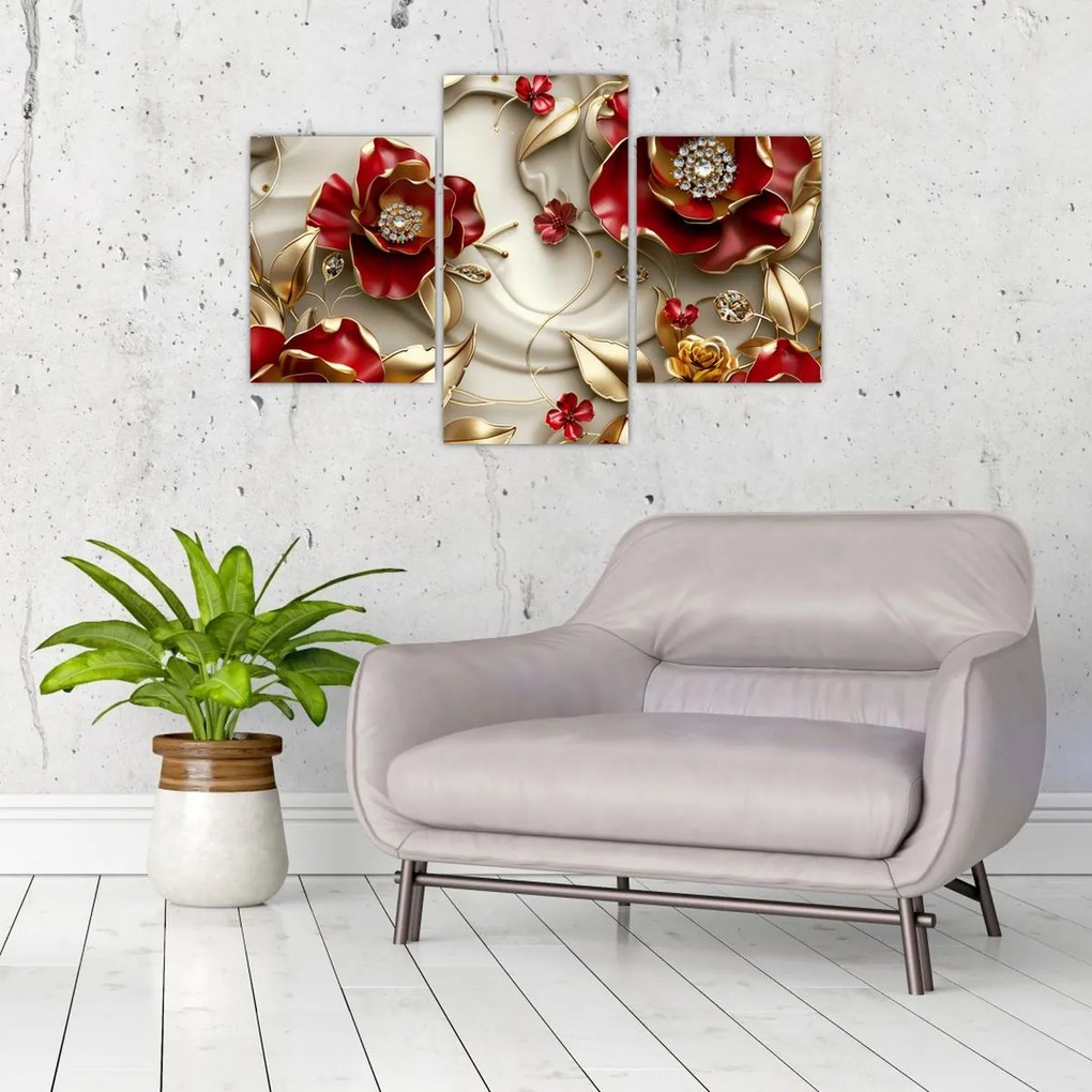 Obraz - 3D Červeno-zlaté kvety (90x60 cm)