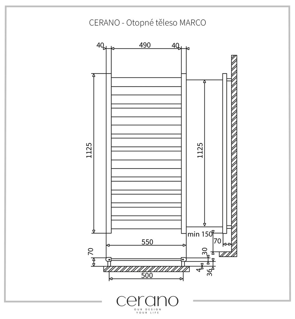 Cerano Marco, vykurovacie teleso 1125x550 mm, 816W, čierna matná, CER-LIV-WP-10-55