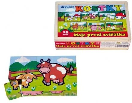 Kostky kubus Moje první zvířátka dřevo 15ks v dřevěné krabičce 20x13x5,2cm MPZ