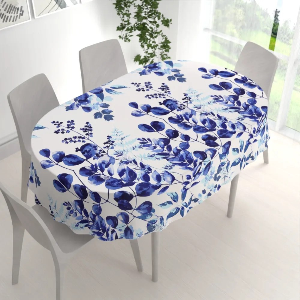 Biante Bavlnený oválny obrus Sandra SA-605 Modrý eukalyptus na bielom 80x120 cm