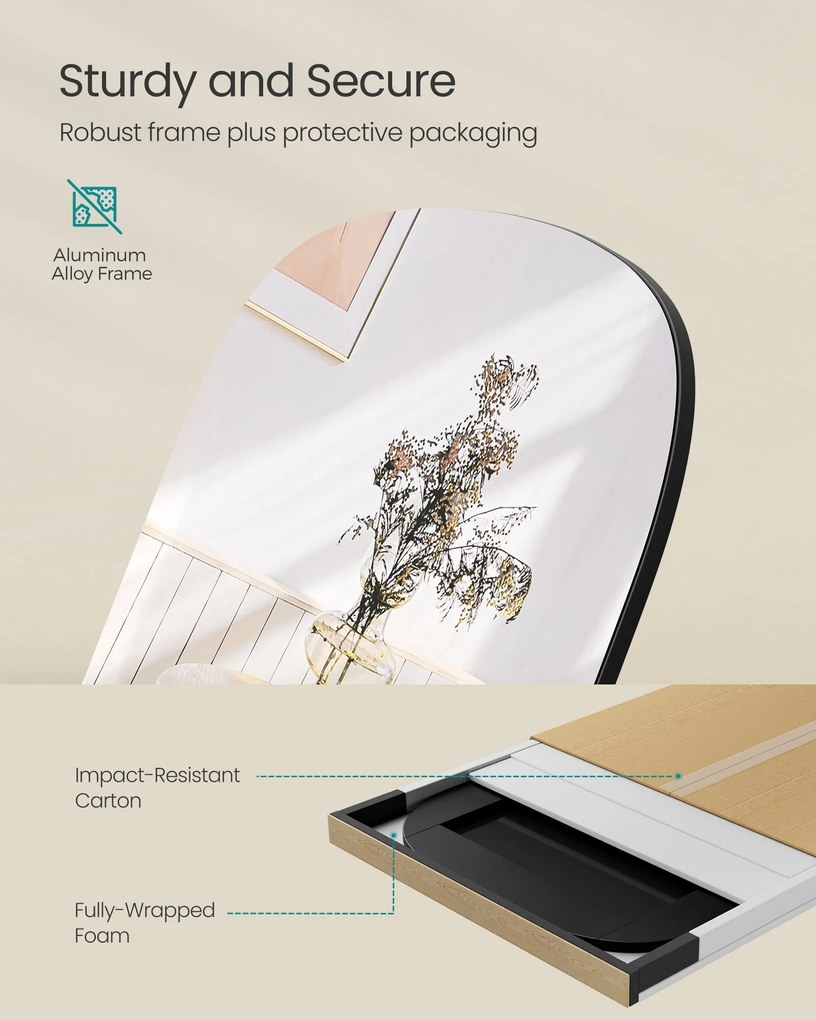 Celotelový zrkadlo, stojace zrkadlo s zaoblenými rohmi, čierne