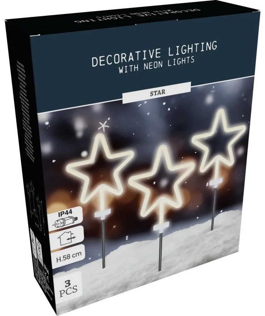 Vianočné LED vonkajšie osvetlenie Neónová hviezda, súprava 3 ks, v. 58 cm