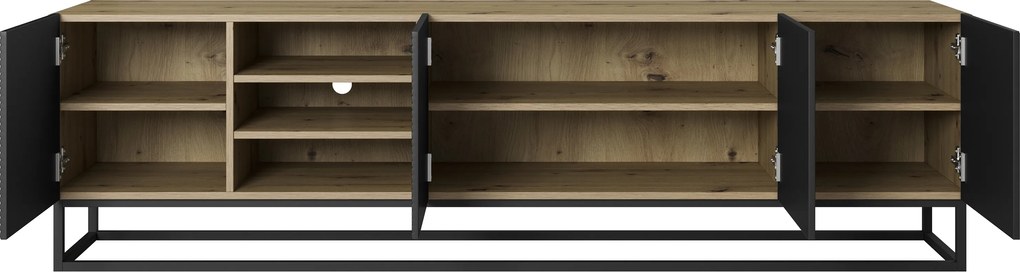 TV skrinka Asha 200 cm s otvorenými policami na podstavci - dub artisan / čierny mat