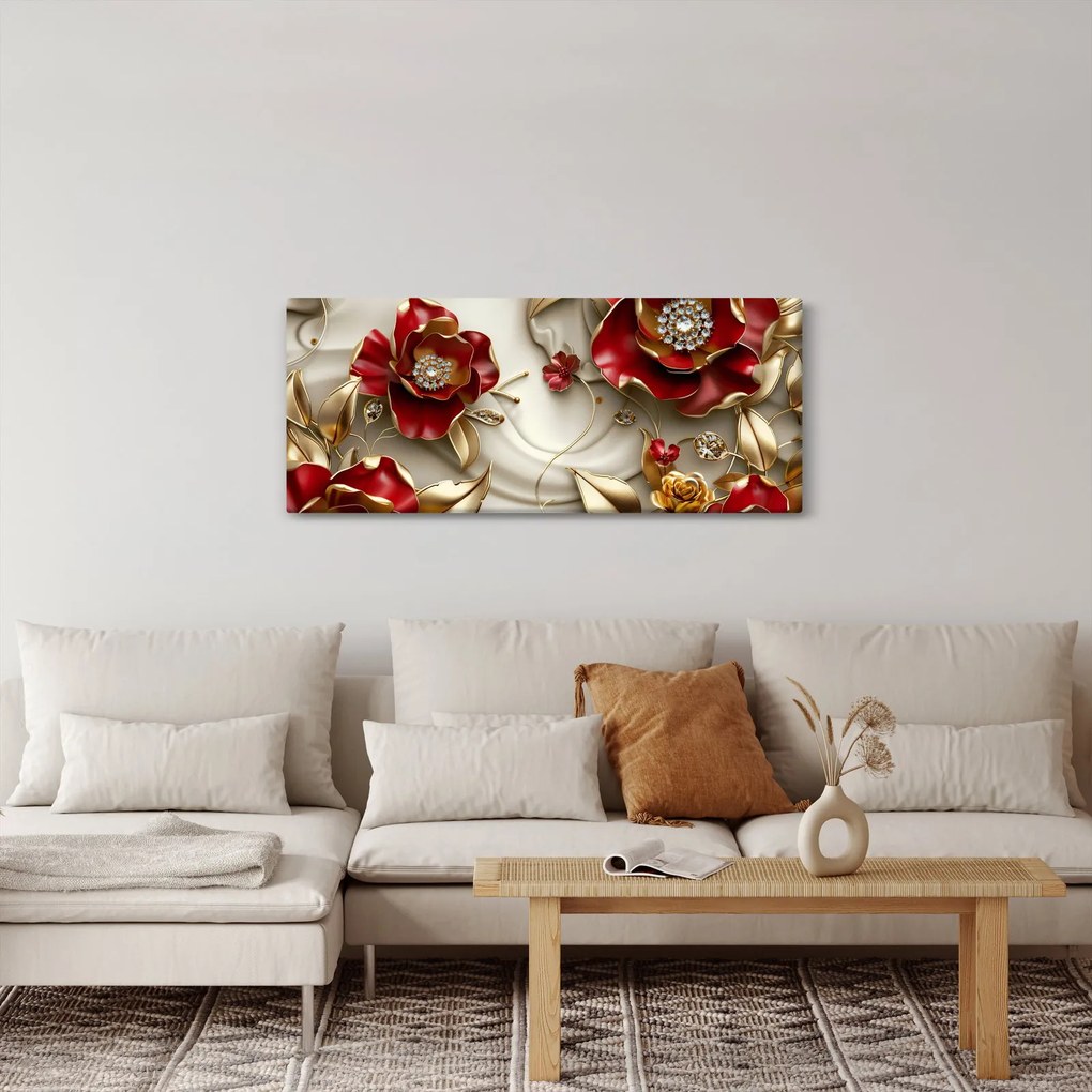 Obraz - 3D Červeno-zlaté kvety (120x50 cm)