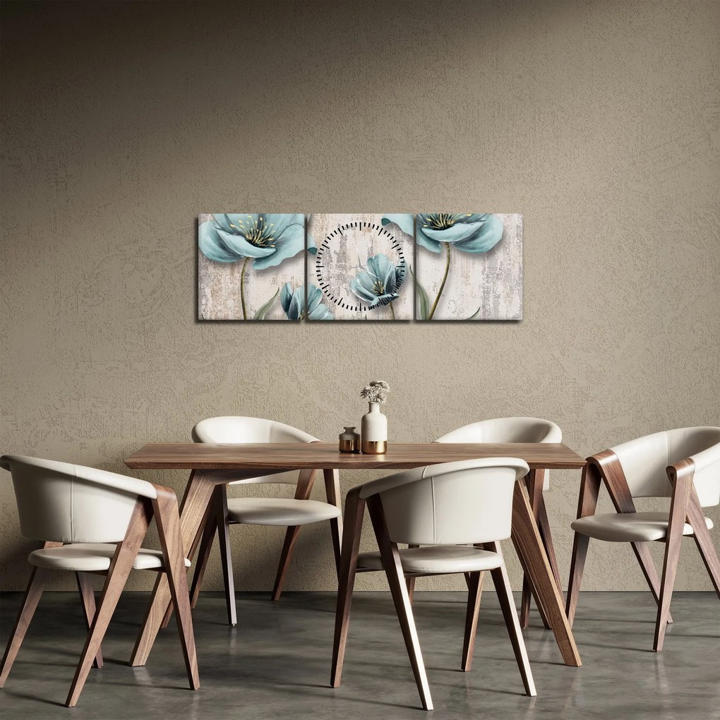 Obraz - Kvety na textúre (s hodinami) (90x30 cm)