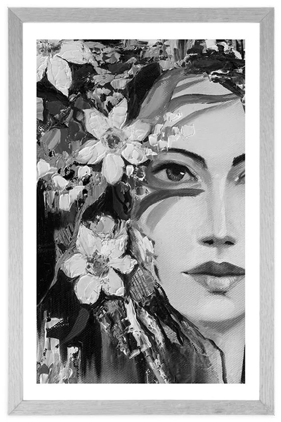 Plagát s paspartou originálna maľba ženy v čiernobielom prevedení - 30x45 white