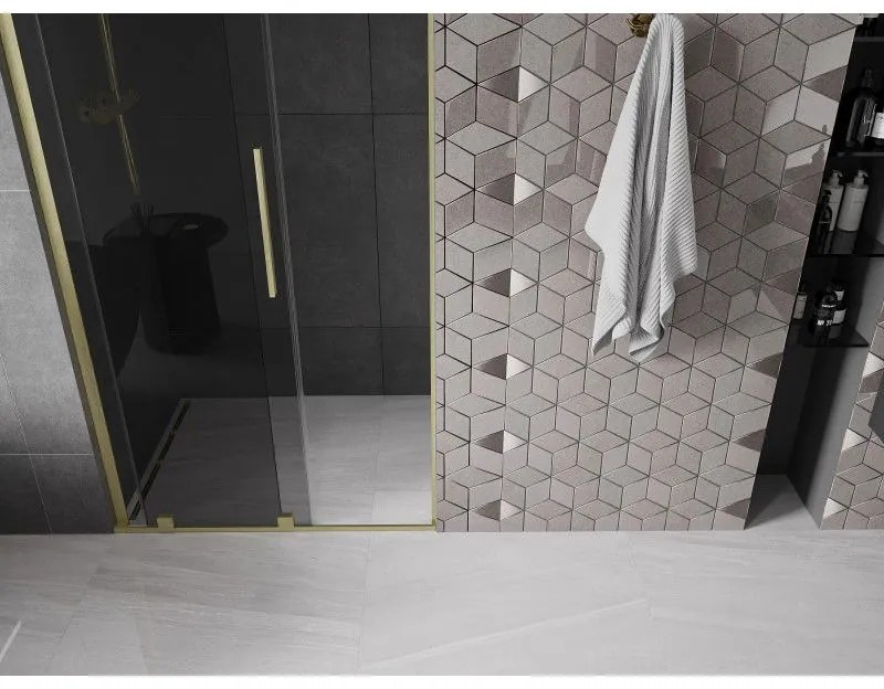 Mexen Velar L, posuvné sprchové dvere do otvoru 90 cm, 8mm šedé sklo, zlatá matná, 871-090-003-41-55