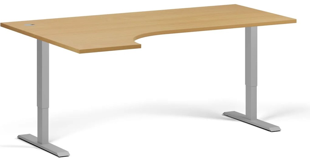 Rohový výškovo nastaviteľný stôl, 180x120 cm, 2 motory, L/P, sivá podnož, buk