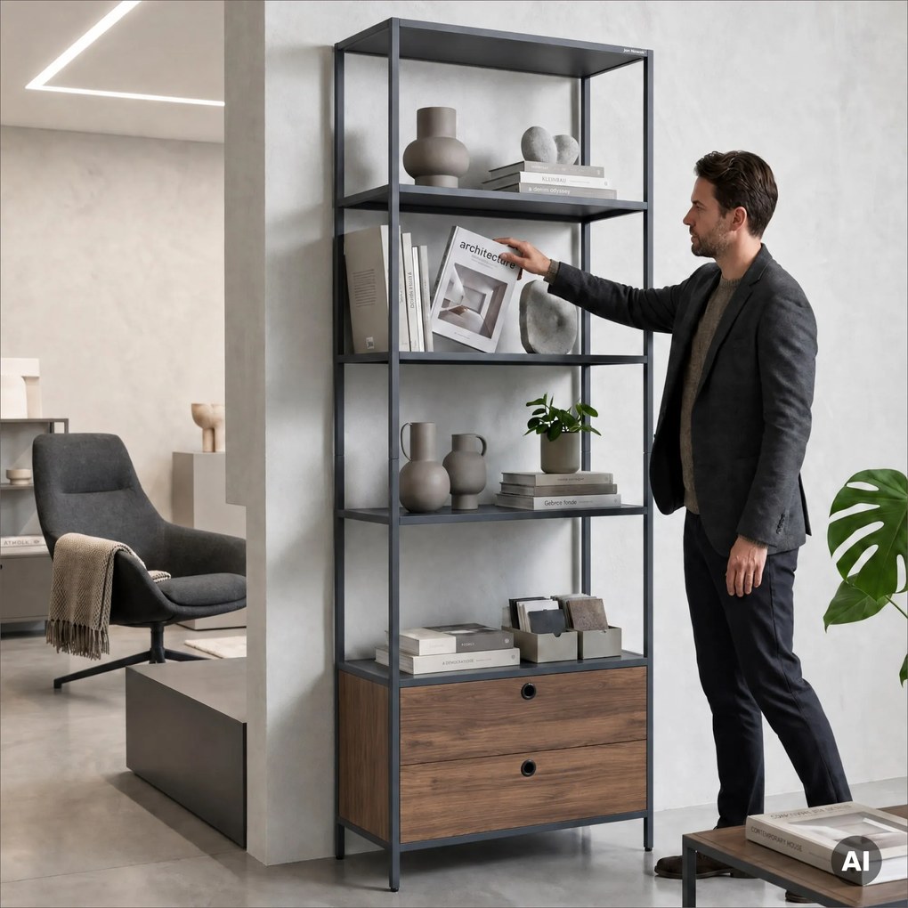 Regál so zásuvkami do kancelárie, na šanóny a dokumenty, otvorené police, kovový, antracitový/orech, 800x2200x400 mm: ARIEL Eco Design