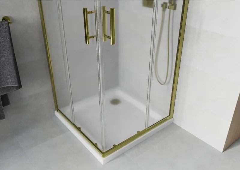 Mexen Rio, štvorcový sprchovací kút s posuvnými dverami 90(dvere) x 90(dvere) x 190 cm, 6mm sklo námraza, zlatý profil + biela sprchová vanička SLIM, 860-090-090-50-30-4010G