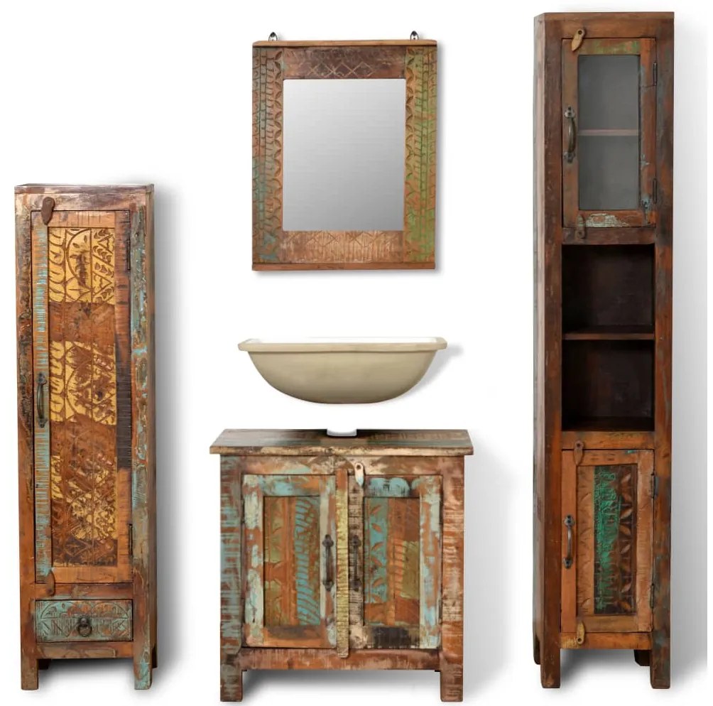 vidaXL Kúpeľňový nábytok z recyklovaného dreva: 3 skrinky, zrkadlo