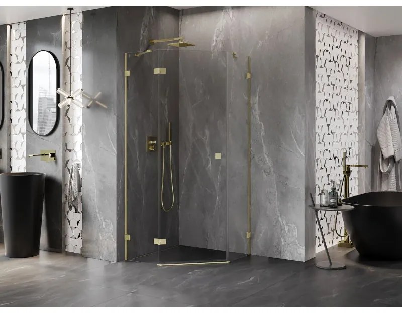 Mexen Lunar, Päťuholníkový sprchový kút Mexen Lunar s výklopným ľavým oknom 80 x 80 cm, 8mm číre sklo, zlatý matný profil, 831-080L-080P-55-00-L