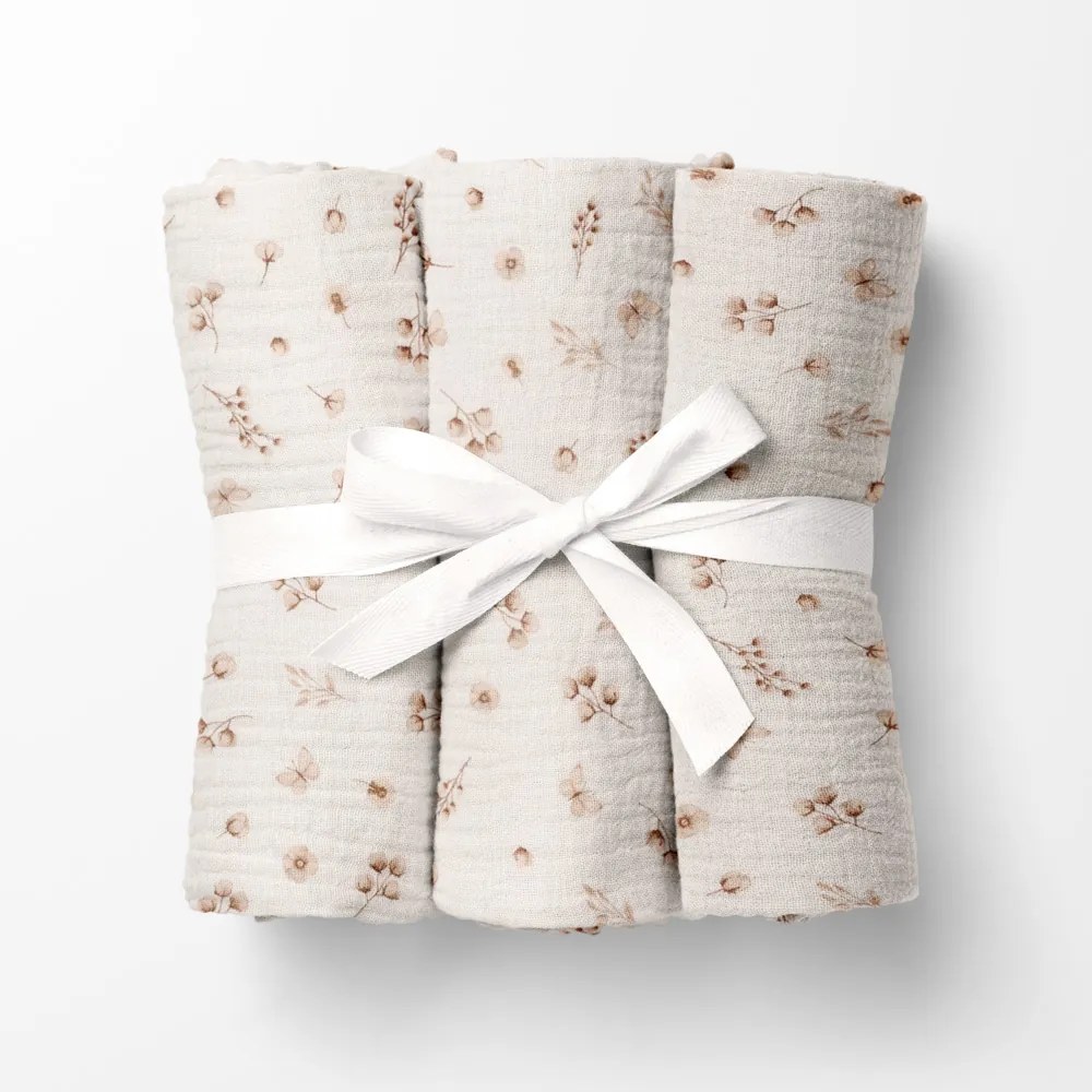 Biante Mušelínová plienka/dečka Nature MSN-085 Vetvičky s motýlikmi na krémovo bielom - ZVÝHODNENÁ SADA 3 KS 70x70 cm - Sada 3 ks