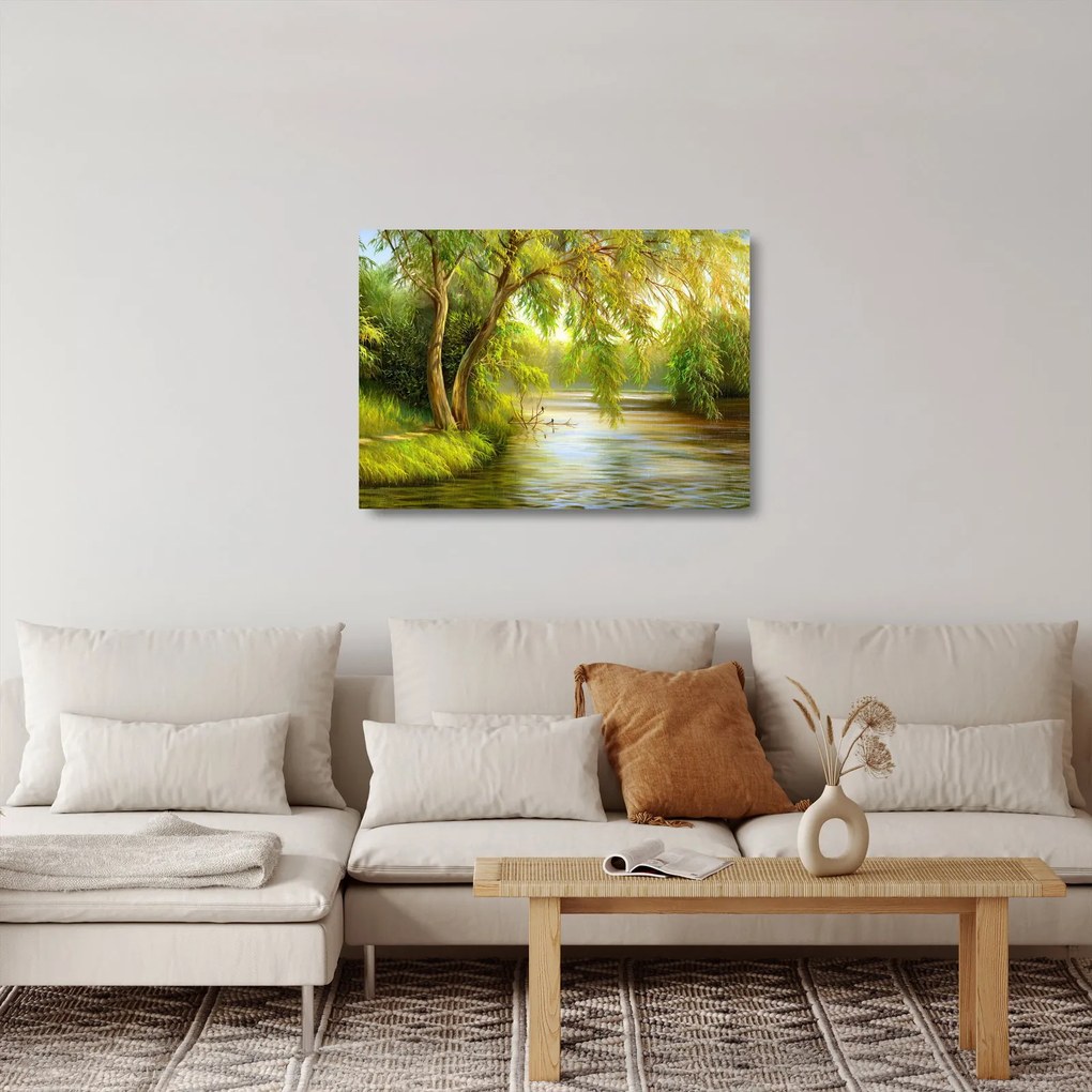 Sklenený obraz - Vŕba pri jazere, olejomaľba (70x50 cm)