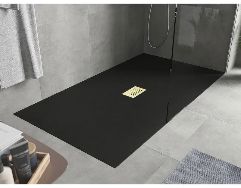 Mexen Hugo, obdĺžniková sprchová vanička SMC 200 x 100 cm, čierna, zlatá krytka, 42701020-G