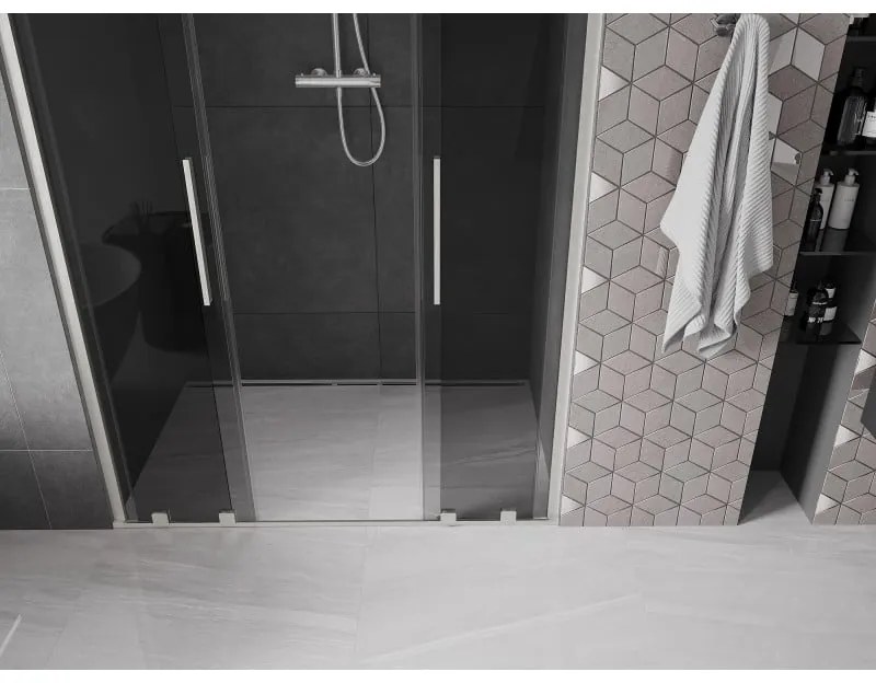 Mexen Velar Duo, posuvné sprchové dvere do otvoru 140 cm, 8mm šedé sklo, brúsená oceľ, 871-140-000-42-97
