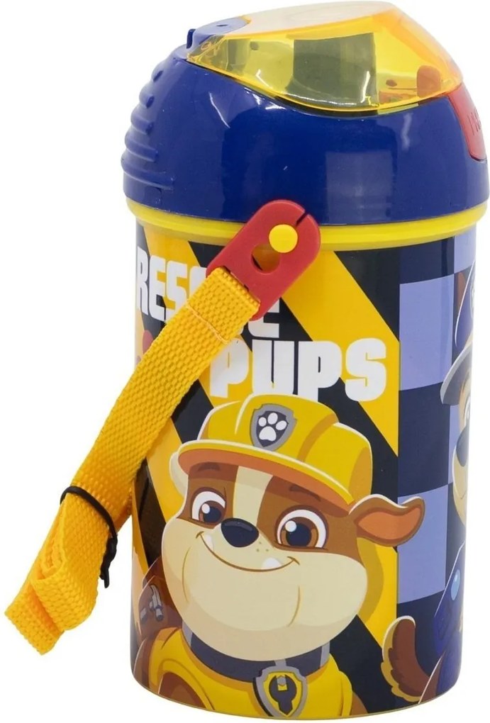 Plastová fľaša na pitie so slamkou, viečkom a popruhom Labková patrola - Paw Patrol - motív Rescue Pups - 450 ml