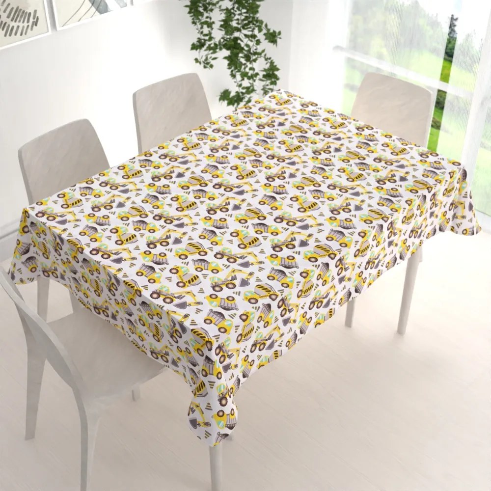 Biante Detský bavlnený obdĺžnikový obrus Sandra SA-291 Žlté stavebné autá na bielom 140x160 cm