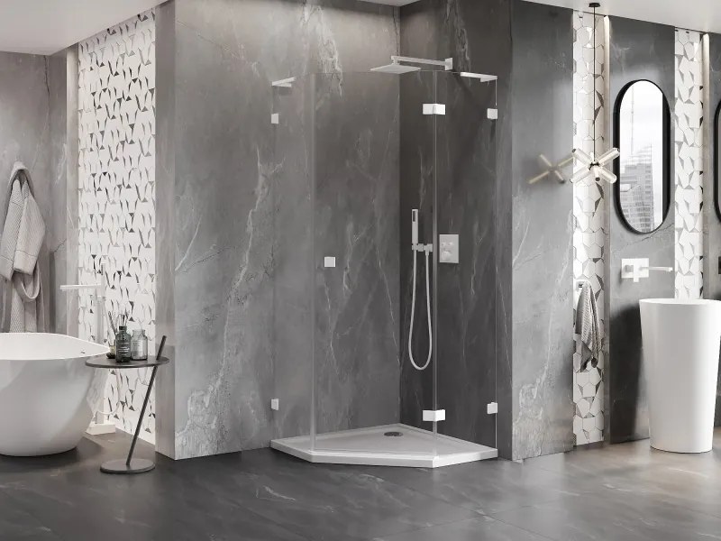 Mexen Lunar, L pravý výklopný päťuholníkový sprchový kút 90 x 90 cm, 8mm číre sklo, biely profil, 831L-090P-090L-20-00-P