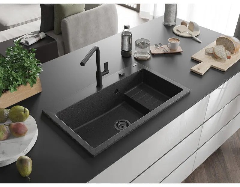 Mexen Omar, 1-komorový granitový drez 800x480x210 mm, čierna škvrnitá, grafitový sifón, 6520801005-76-B