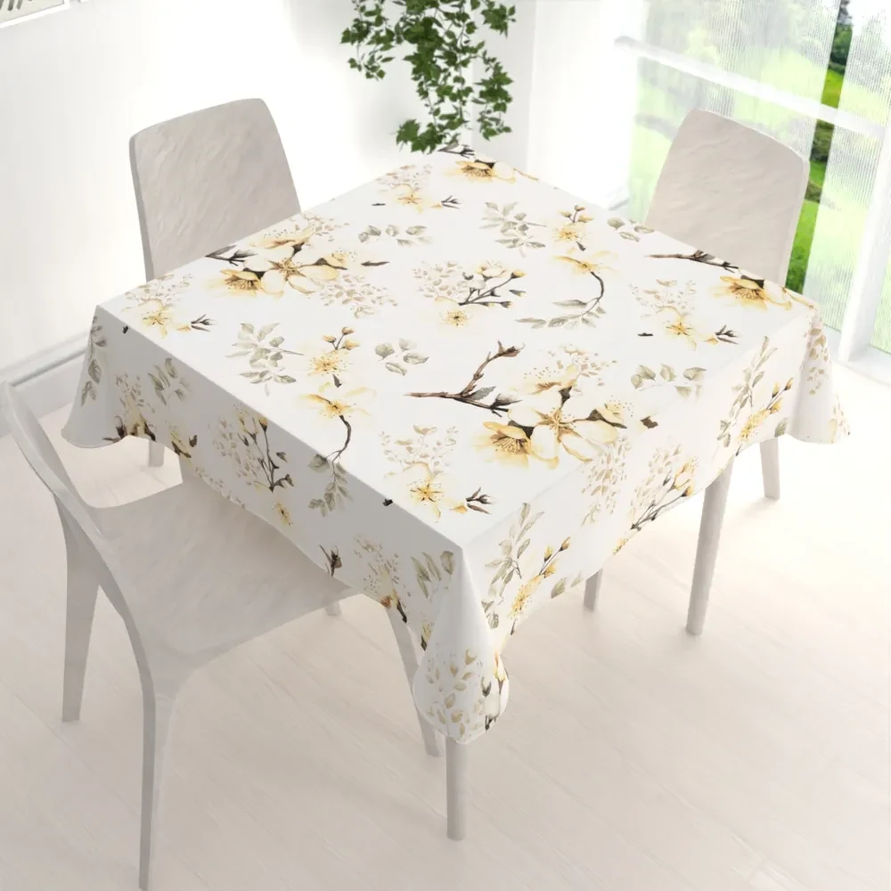 Biante Bavlnený štvorcový obrus Sandra SA-582 Žlté kvety s vetvičkami na bielom 80x80 cm
