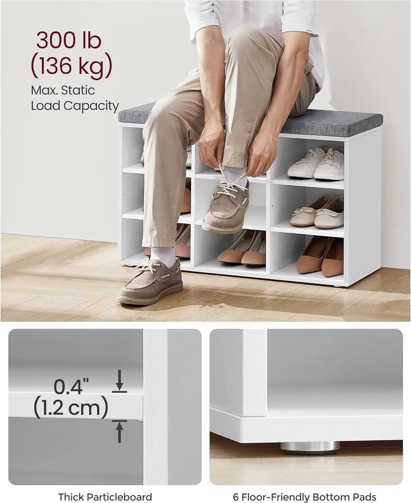 Lavica na topánky s čalúneným sedadlom, s 9 priehradkami, biela a sivá farba