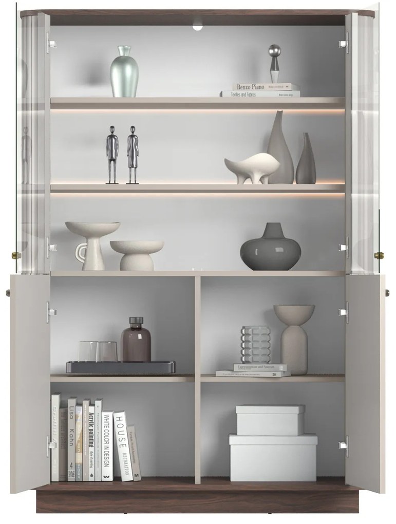 Vitrína Vesper 103 cm štvordverová na sokli - kašmír / orech / zlaté úchytky