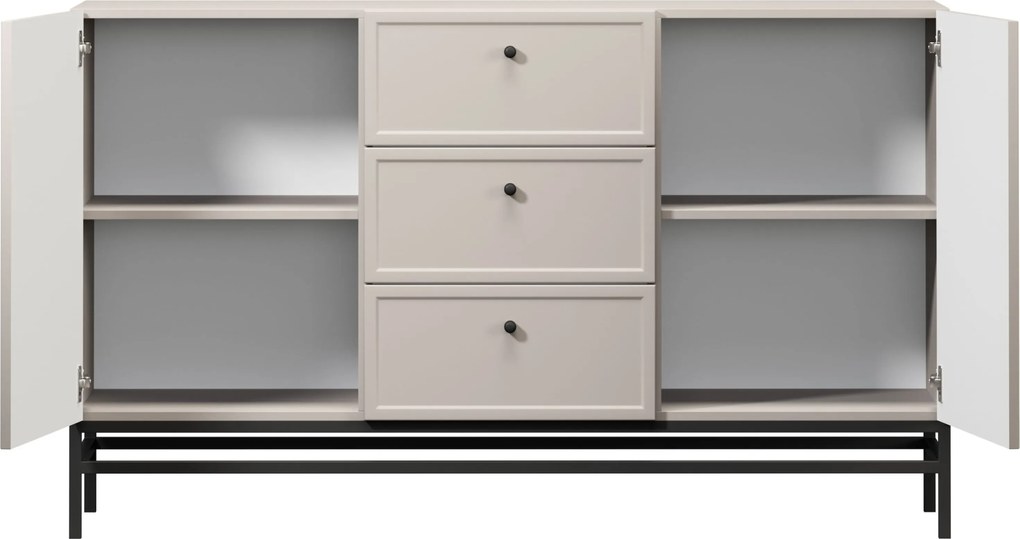 Komoda Lorini 150 cm so zásuvkami - kašmír / čierne úchytky / kovový rám