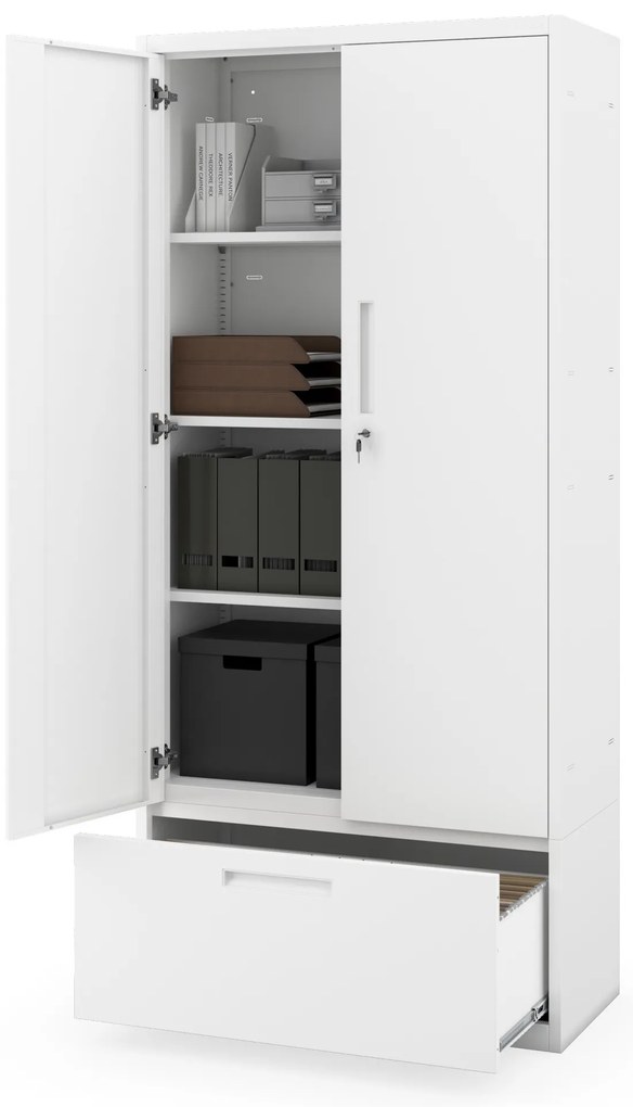 Kovová skriňa MEGAN – biela, zásuvka na dokumenty, 195 cm