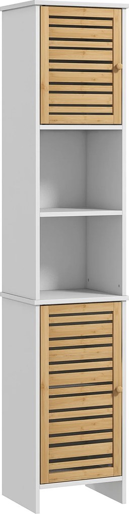 HOMCOM Moderný vešiak do kúpeľne s vysokým stĺpcom so nastaviteľnými poličkami a bambusovými dverami proti prevrhnutiu 35x30x170 cm Biela a prírodná |