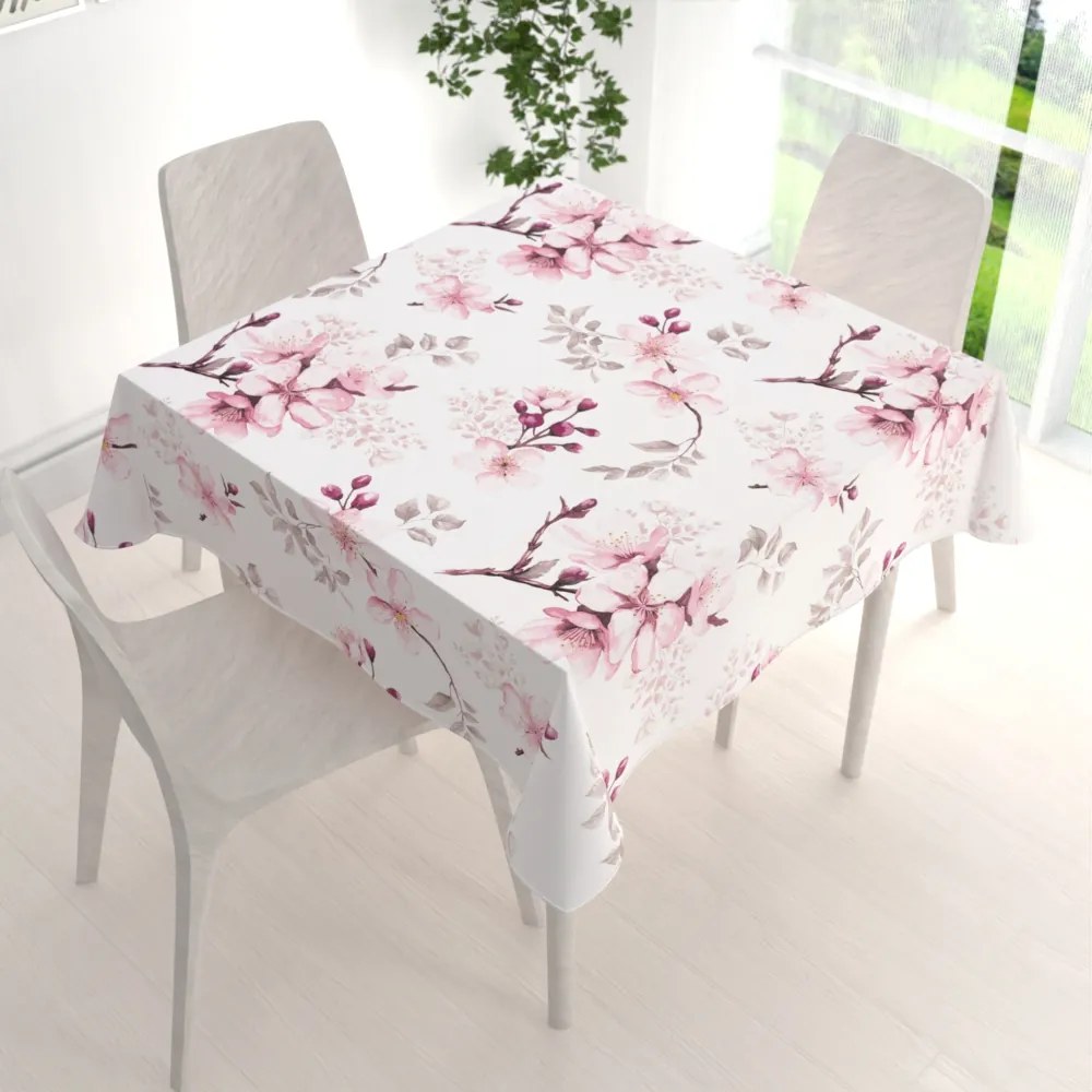 Biante Bavlnený štvorcový obrus Sandra SA-583 Ružové kvety s vetvičkami na bielom 110x110 cm