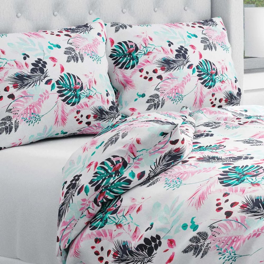 Biante Bavlnené posteľné obliečky Sandra SA-413 Ružové a zelené tropické listy na bielom Jednolôžko 140x200 a 70x90 cm