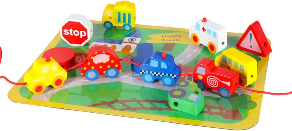 KIK Drevené navliekacie bloky s vozidlami a dopravnými značkami, 12 ks