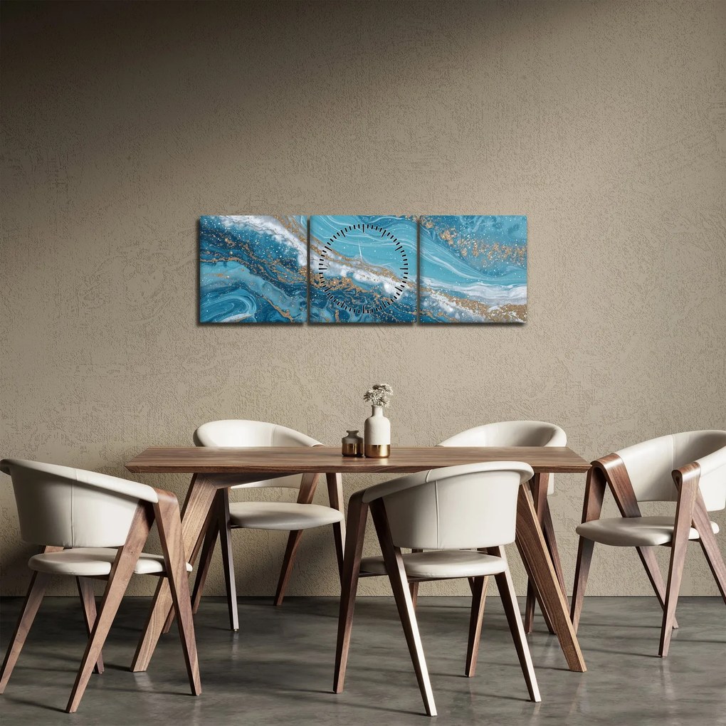 Obraz - Bledomodrý mramor so zlatom I. (s hodinami) (90x30 cm)