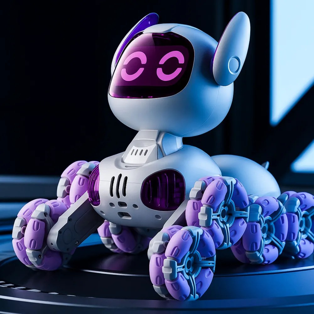 LEAN Toys Robotický pes TOOBY s diaľkovým ovládaním RC, 360°, svetlá, zvuky, bielo-fialový
