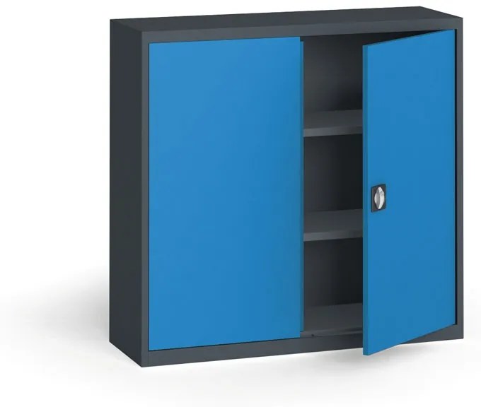 Plechová policová skriňa na náradie KOVONA, 1150 x 1200 x 400 mm, 2 police, antracit/modrá