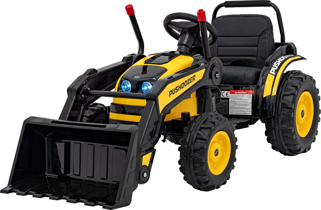 Ramiz Detský traktor na batérie žltý + pohyblivé rameno s lyžicou + diaľkové ovládanie + pomalý štart + FM rádio + LED